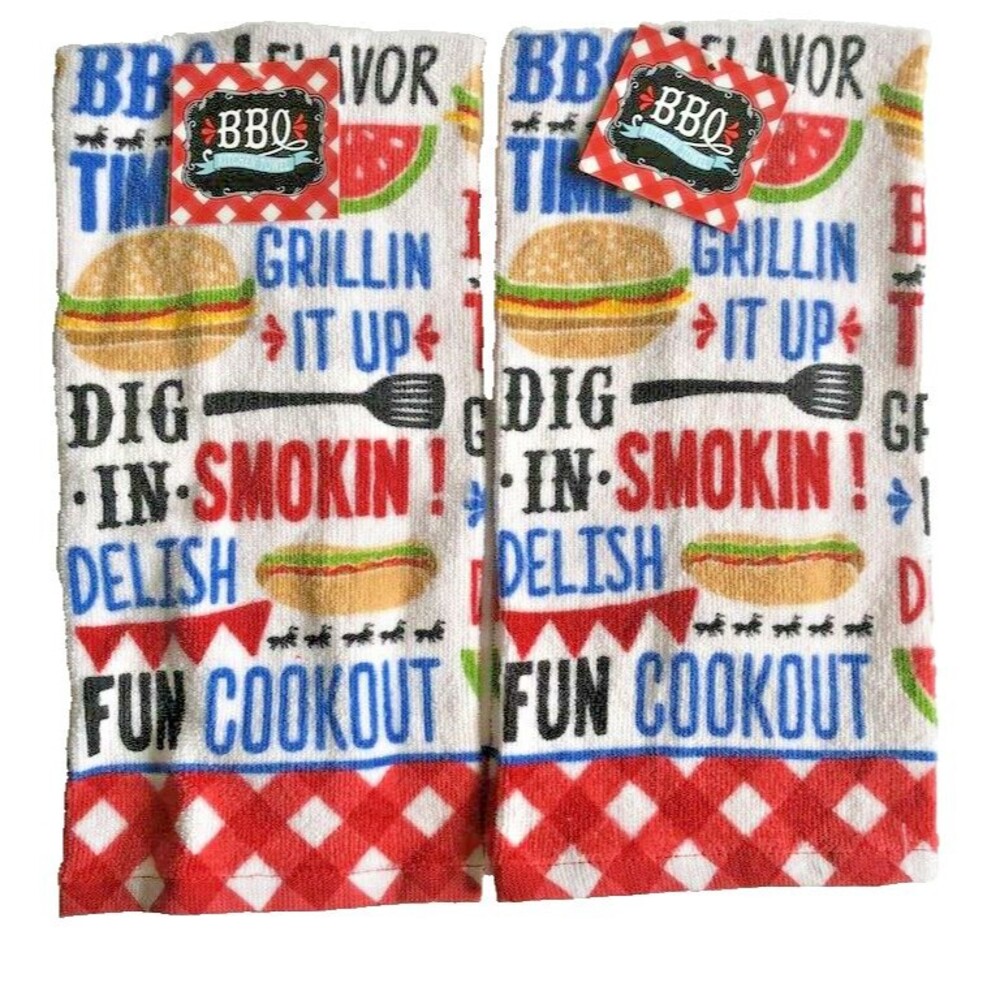 Barbecue BBQ Grilling Kitchen Dish Towels Set of 2 Summer 100% Cotton Cook Out
